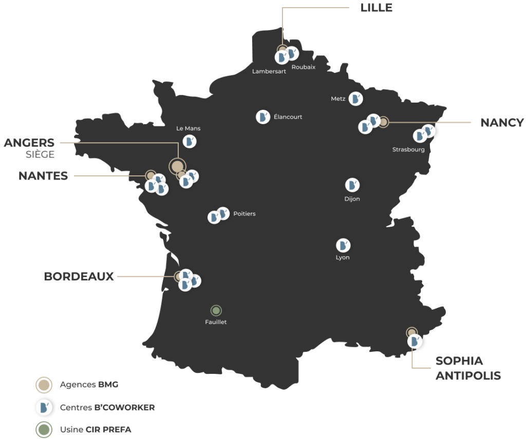 Carte des implantations des agence BMG, des centres de coworking B'CoWorker et de l'usine CIR PREFA